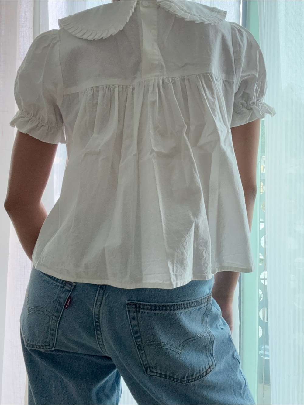 Women's White Ruffled Peter Pan Collar Blouse - Picture 2 of 2